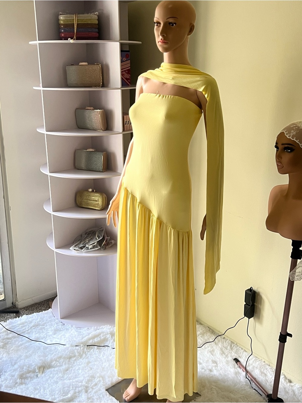 Yellow Strapless Maxi Dress with Scarf and left side slit